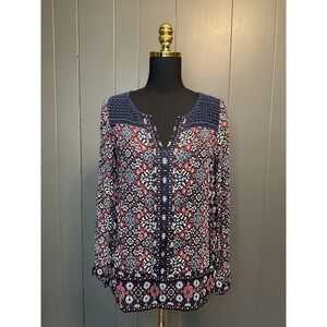 Lucky‎ Brand Bobo Long Sleeve Tribal Red Blue Lace Top XS Extra Small